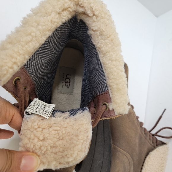 UGG Zea Brown Leather Shearling Lined Lace Up Wedge Combat Cuff Boots 7 1003360 - Picture 10 of 12